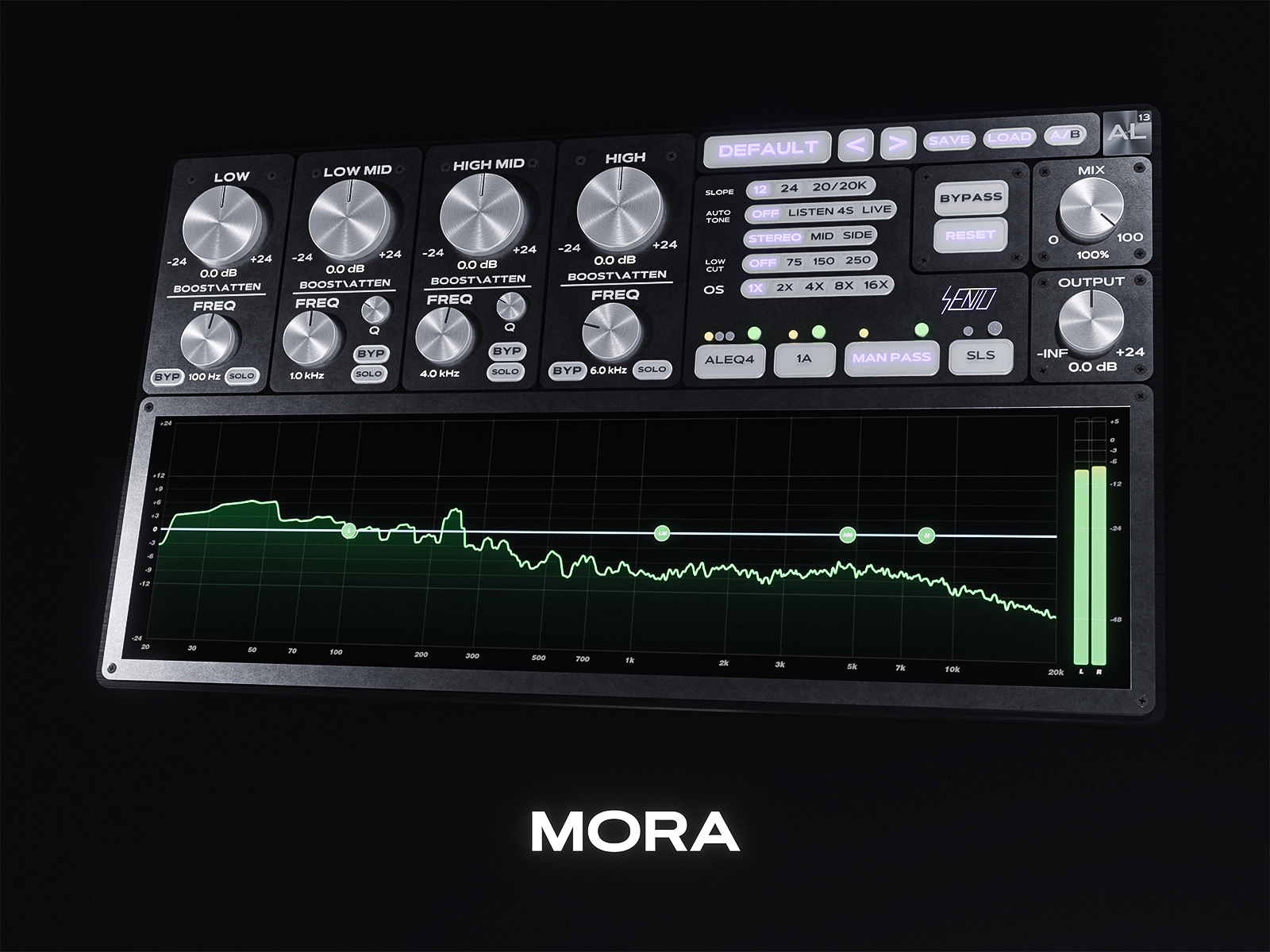 MORA equalizer interface with four bands and real-time spectrum analyzer