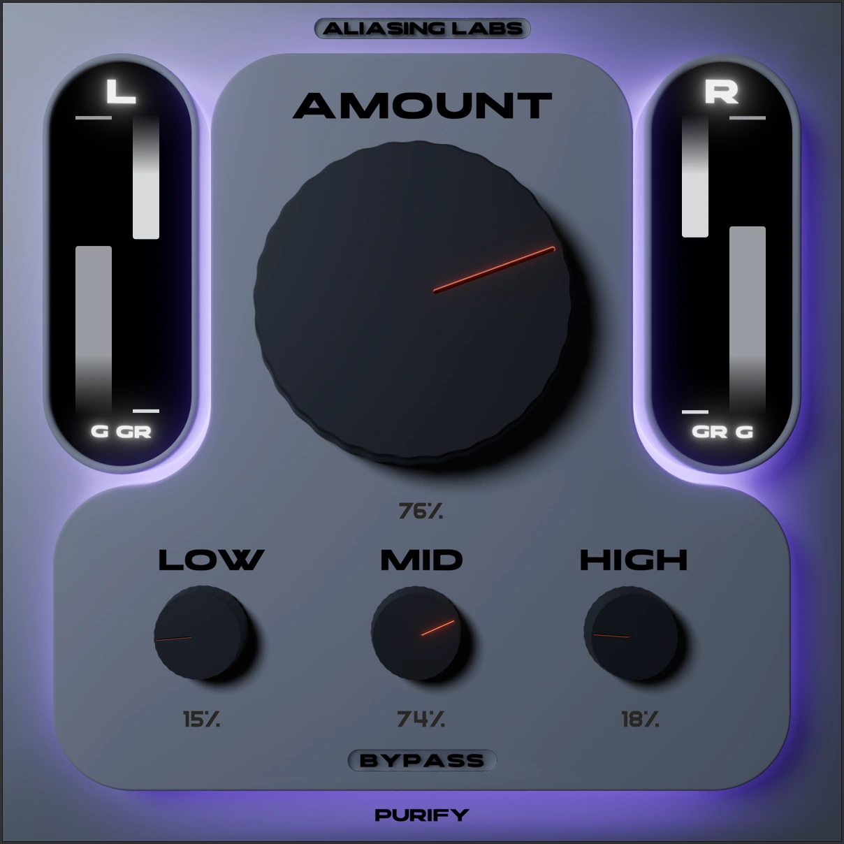 Purify plug-in interface with Amount and Low, Mid and High controls