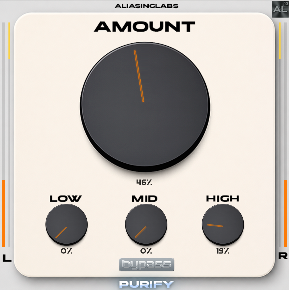 Purify plug-in interface with Amount and Low, Mid and High controls